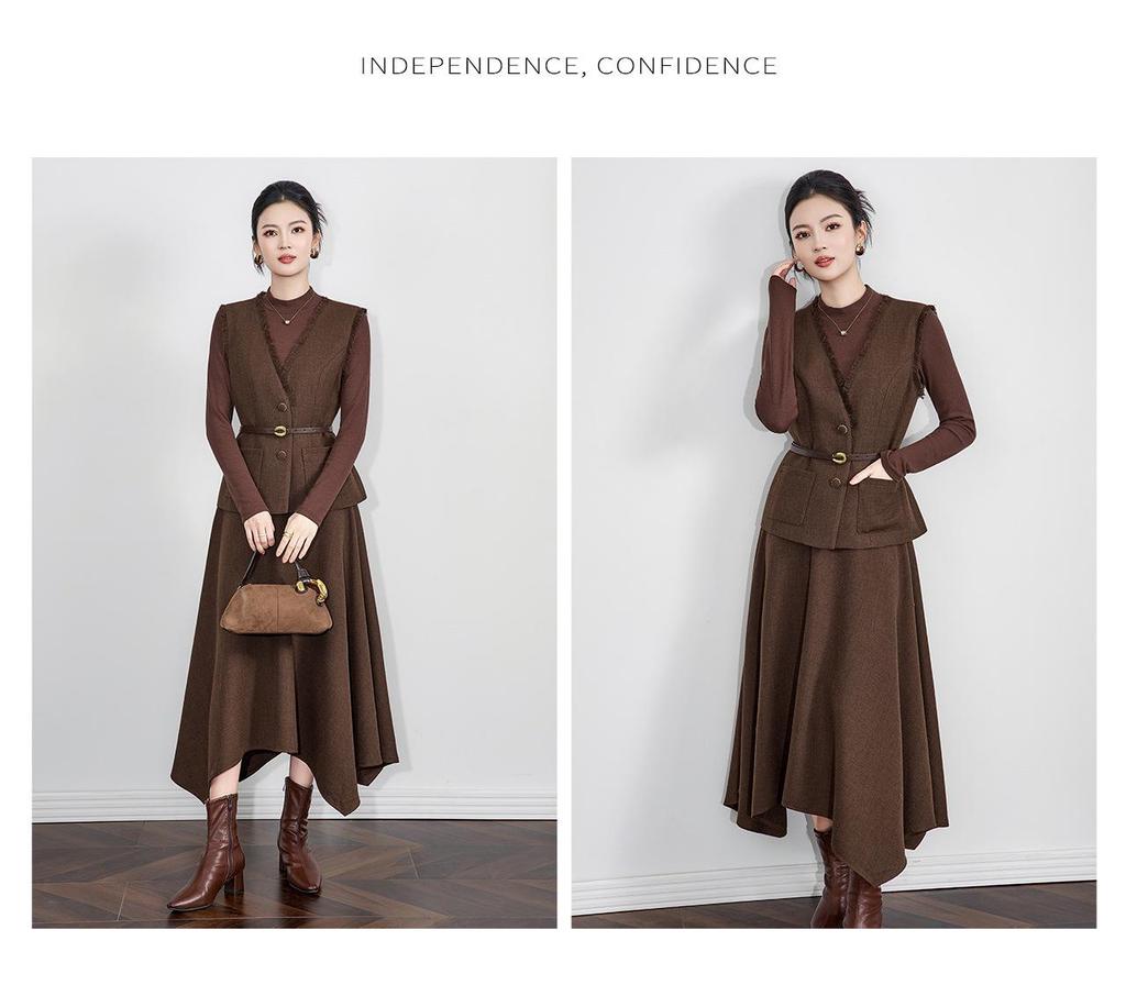 Elegant Waist-Cinched V-Neck Vest + Skirt Two-Piece Set for Women - Autumn/Winter New Arrival