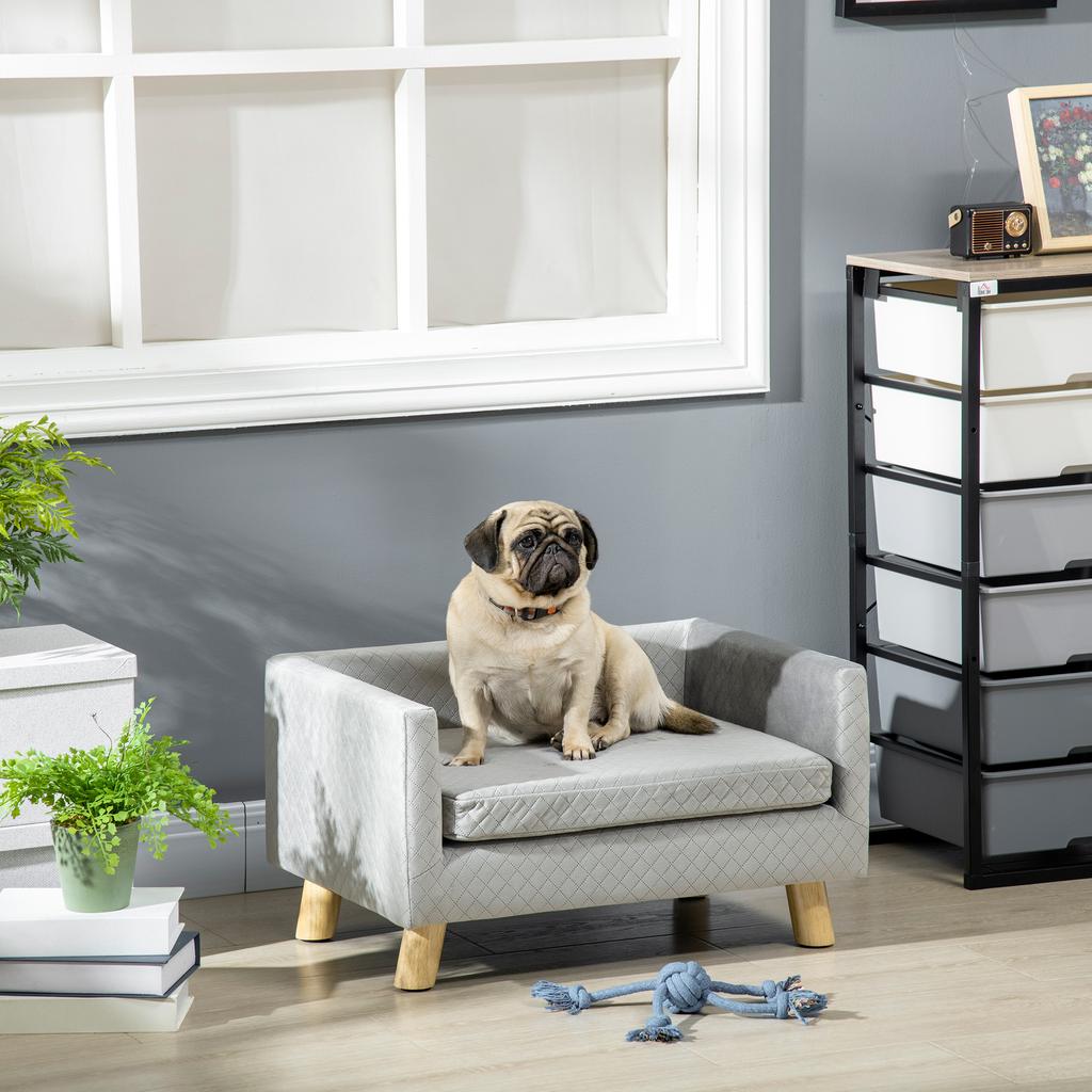 Scandinavian Style Dog and Cat Sofa with Upholstered Velvet and Wood Cushion, 64x45x36cm, Grey