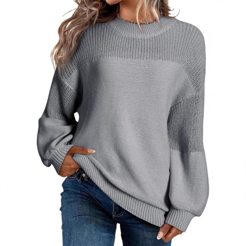 Solid Color Lantern Sleeve Pullover Round Neck Long Sleeve Sweater for Women