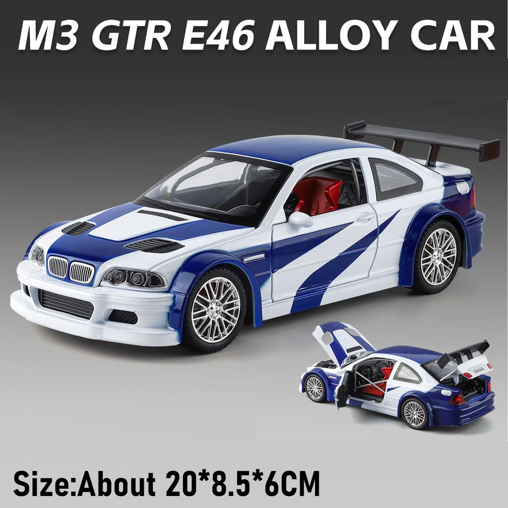 1:24 M3 GTR E46 Racing Car Model Toy Alloy Body Rubber Tires Music Light Sports Cars Doors Opened Models Toys Collectible Item