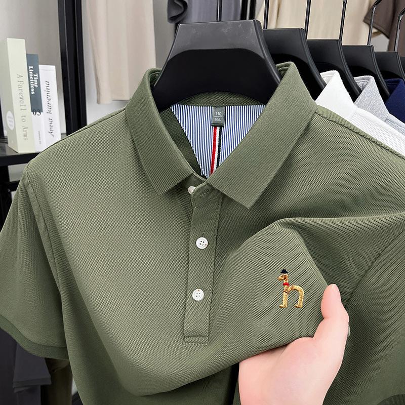 Short-Sleeved T-Shirt Men'S Medium And Green Lapel Collar Business Casual Solid Color Polo Shirt Simple Embroidery