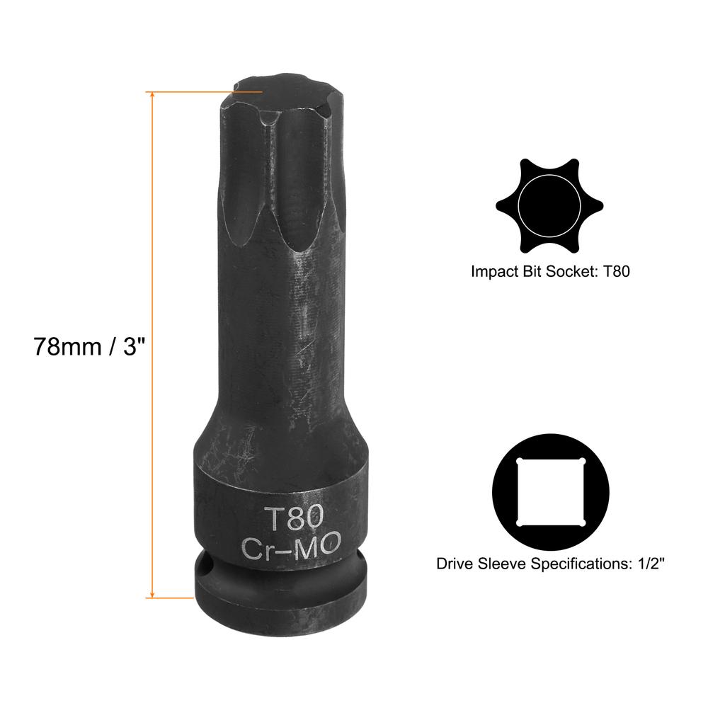 T20-T100 Torx Bit Socket 1/2" Drive 6 Point Torx Star Screwdriver Socket Adapter CR-MO Steel Lengthen Impact Bit Sockets