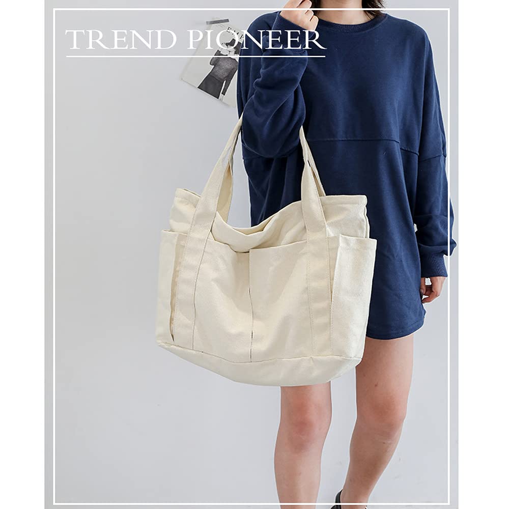 Umetoo Canvas Tote Bag with Zipper, Large Capacity, Multi-Pockets, Unisex, Eco Bag (Beige)