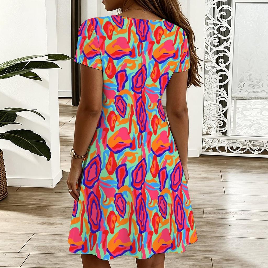 Ladies V Neck Charming Aster Floral Plus Size Summer Short Sleeve Loose Dress