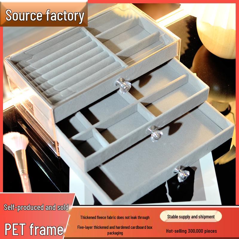 

PET Velvet Three-Layer Jewelry Organizer Box for Necklaces, Earrings, and Rings PET Material [Transparent Shell, Drop Resistant] сірий колір