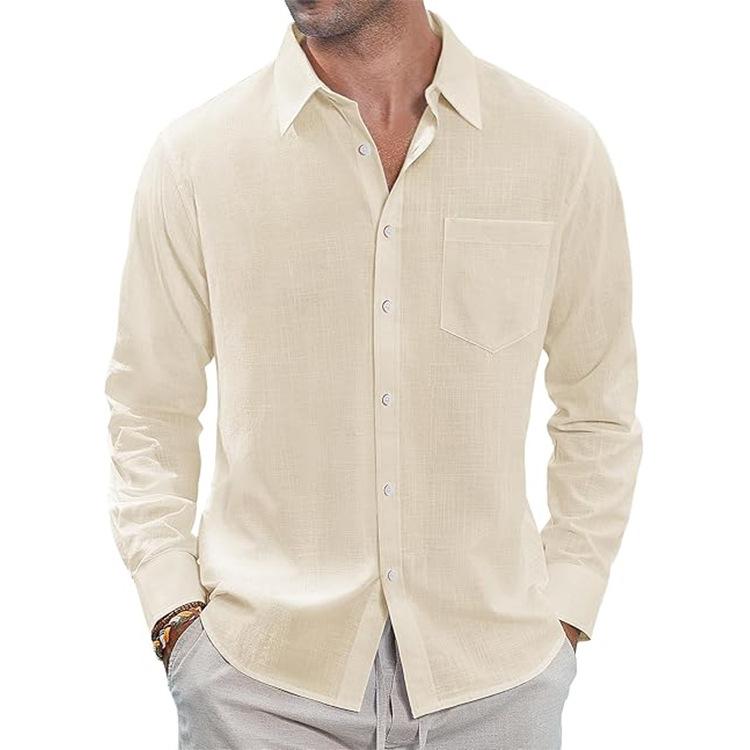 Cotton and Linen Shirt, Thin Lapel Collar with Pocket, Long-sleeved Shirt for Men