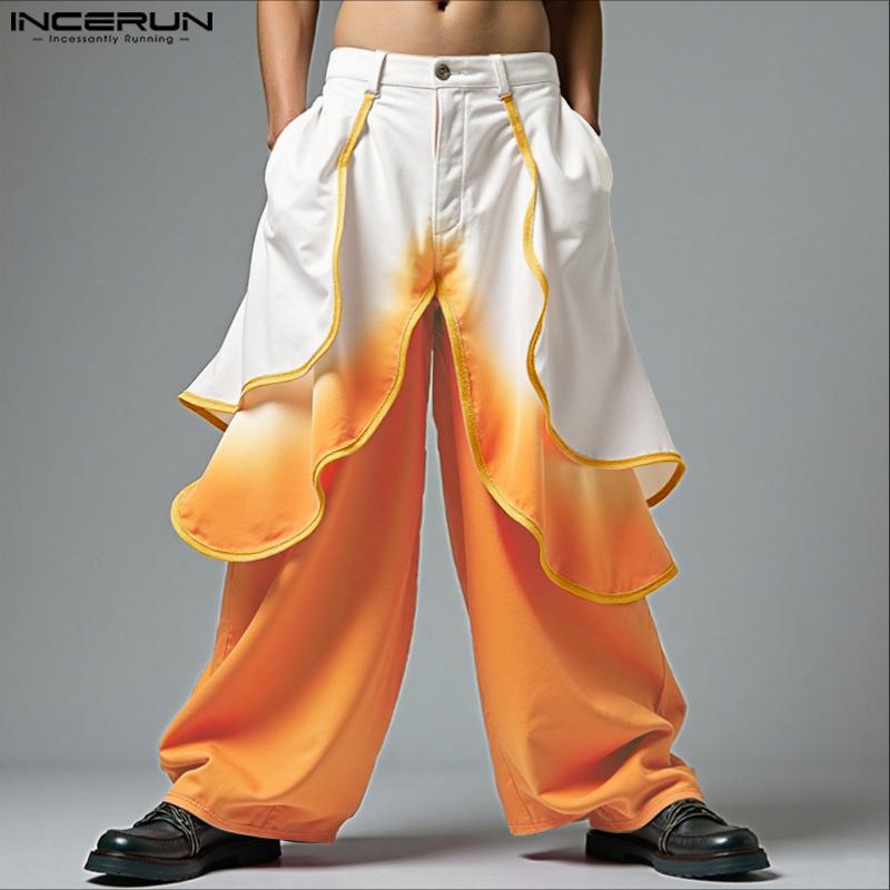 INCERUN Men Layers High Waist Zip-up Casual Loose Gradient Wide Legs Pants Long Trousers