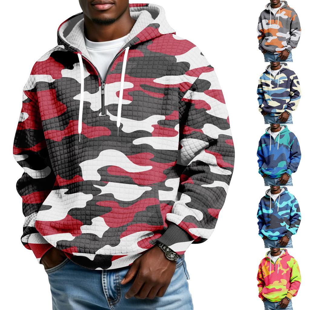 Pánská kostkovaná mikina přes hlavu s kapucí na poloviční zip se stahovací šňůrkou a potiskem, ležérní sportovní mikina