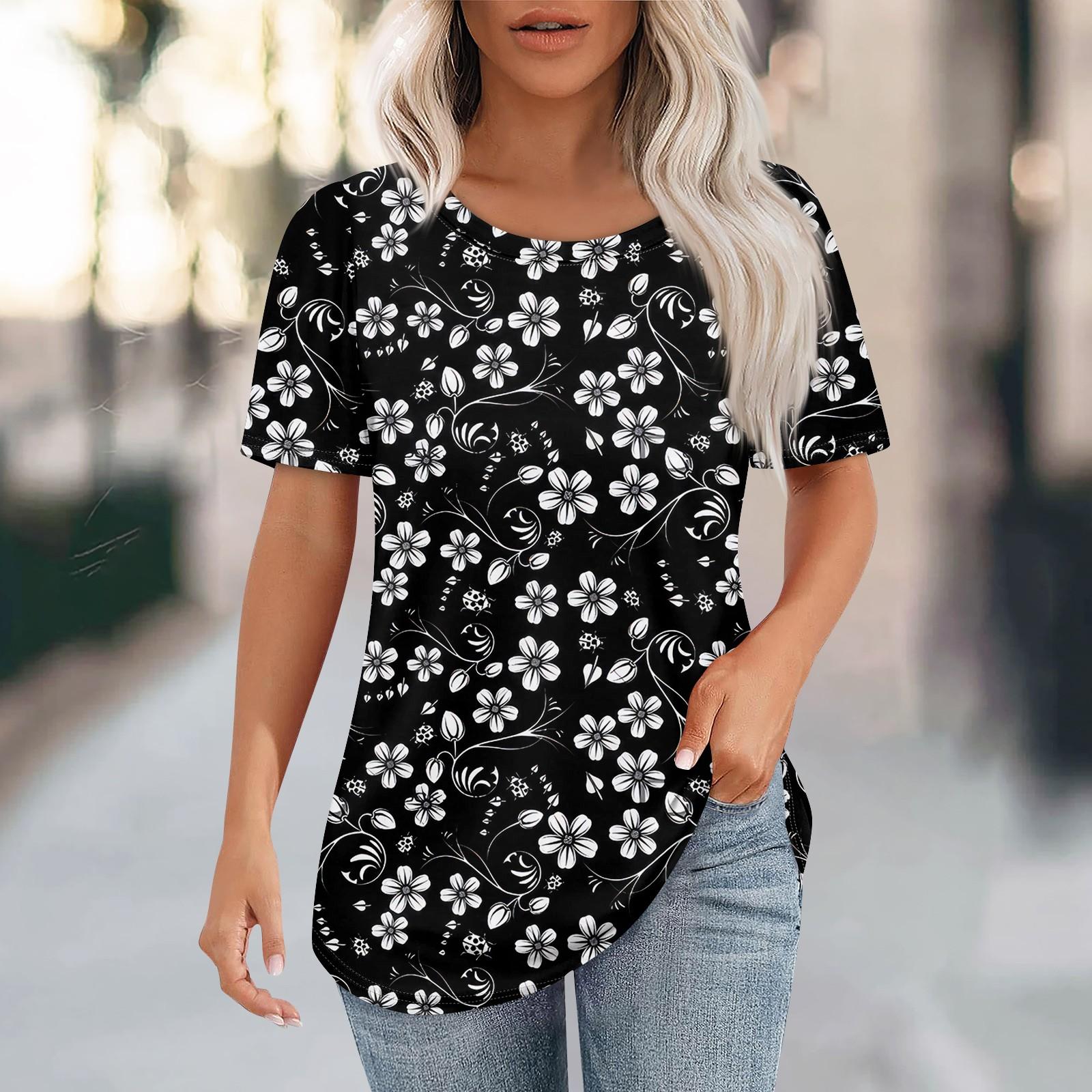 

Футболки для женщин, плиссированные, с круглым вырезом, нарядные, повседневные, блузки с принтом, с коротким рукавом, летние топы, свободный крой L чёрный