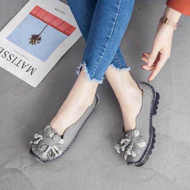 2025 Summer Genuine Leather Flats Women Soft Slip-On Flat Shoes Black Red Floral Mom Loafers Moccasin Lady Designer Shoes