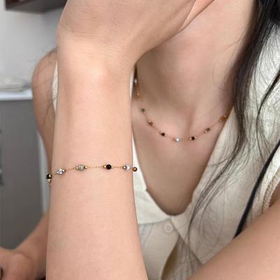 Retro Colorful Stone Necklace & Beaded Bracelet Set for Women