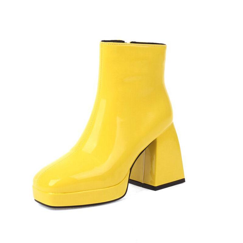 Bonbonfarbene Damenstiefel Kundenspezifische eckige Zehen Lackleder Hohe Absätze Stiefeletten Damen Plateau-Schuhe Winterpumps Botas WSH4986