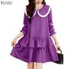 ZANZEA Women Casual Doll Collar Loose Long Sleeve Elegant Dress