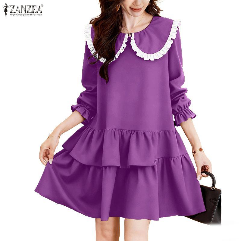ZANZEA Women Casual Doll Collar Loose Long Sleeve Elegant Dress