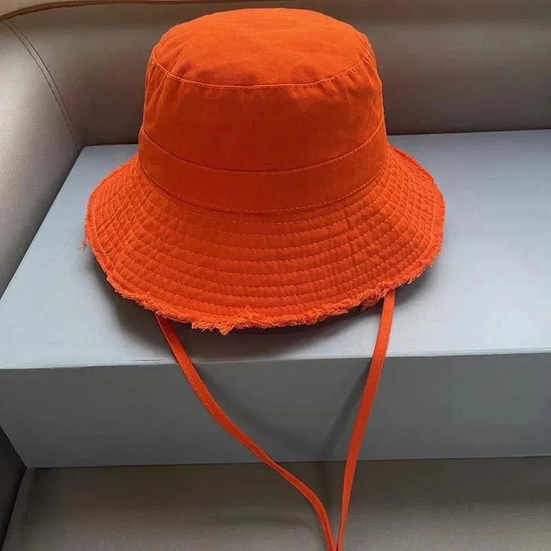 Designer Fisherman Hat Personalized Trend Letters Wide Eave Cap Summer Solid Color Sunproof Hanging Rope Bucket Hat for Adults