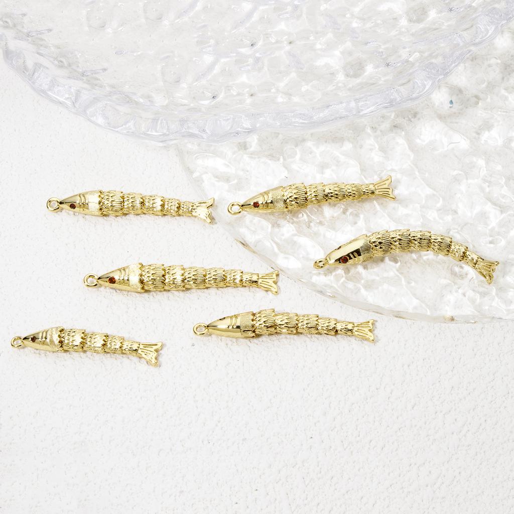1 Piece Brass Ocean Jewelry Pendants Fish Animal Movable 3D Charms 18K Gold Color Wine Red Cubic Zirconia Eye For Necklace DIY