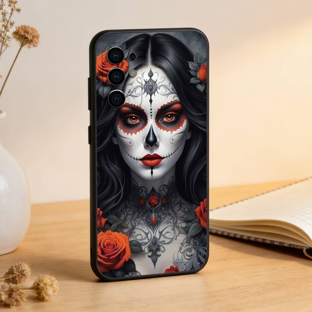 Mexican Catrina Skull Girl Phone Case For Samsung S25,S24,S21,S22,S23,S30,Ultra,S20,Plus,Fe,Soft Silicone Black Cover