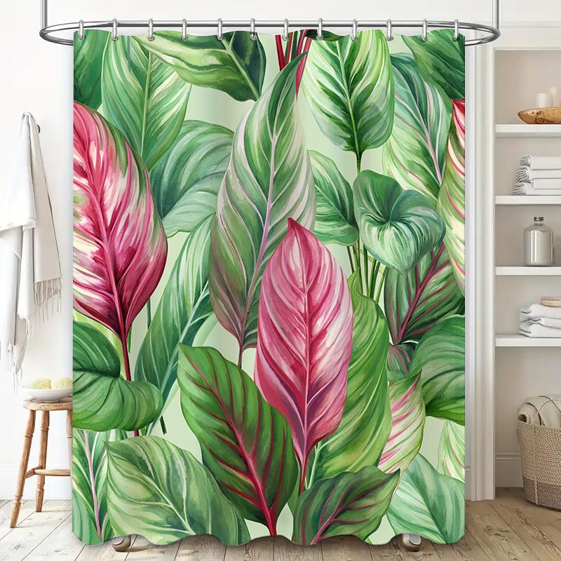 Vibrant Green Leaf Shower Curtain Botanical Print Bath Decor Pink Red Leaves Pattern Water-Resistant Fabric