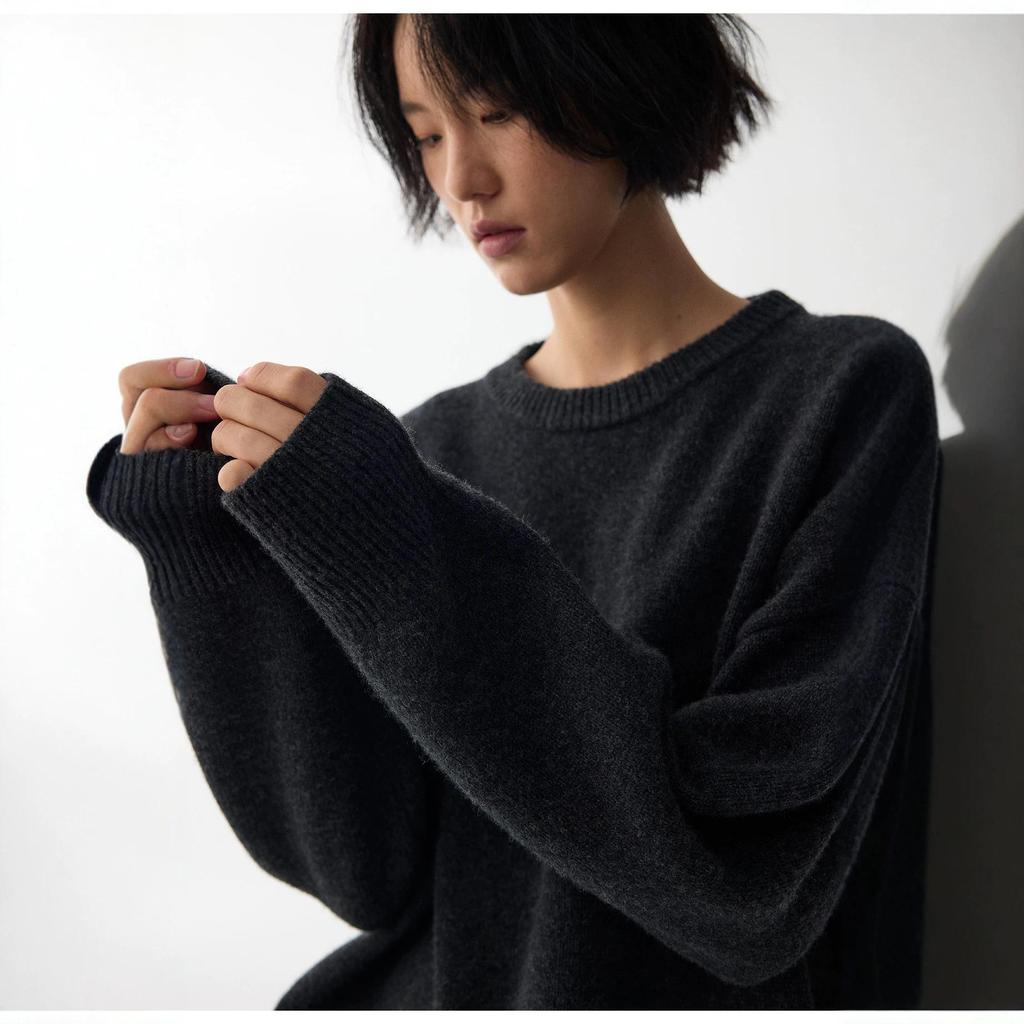 Blues Moment Wool Blend Korean Casual Loose Round Neck Sweater