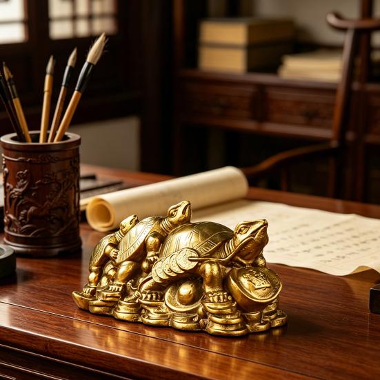 Brass Turtle Figurine On Coins for Wealth And Blessings Polished Metal Tortoise Ornament for Home Office Desk Decor Feng Shui Gift for Prosperity And