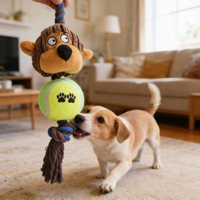 Plush Dog Toy Squeaky Animal Head Tennis Ball Dog Chew Toy Interactive Rope Knot Teething Toy for Medium Large Dogs Tug-of-War Teeth Cleaning