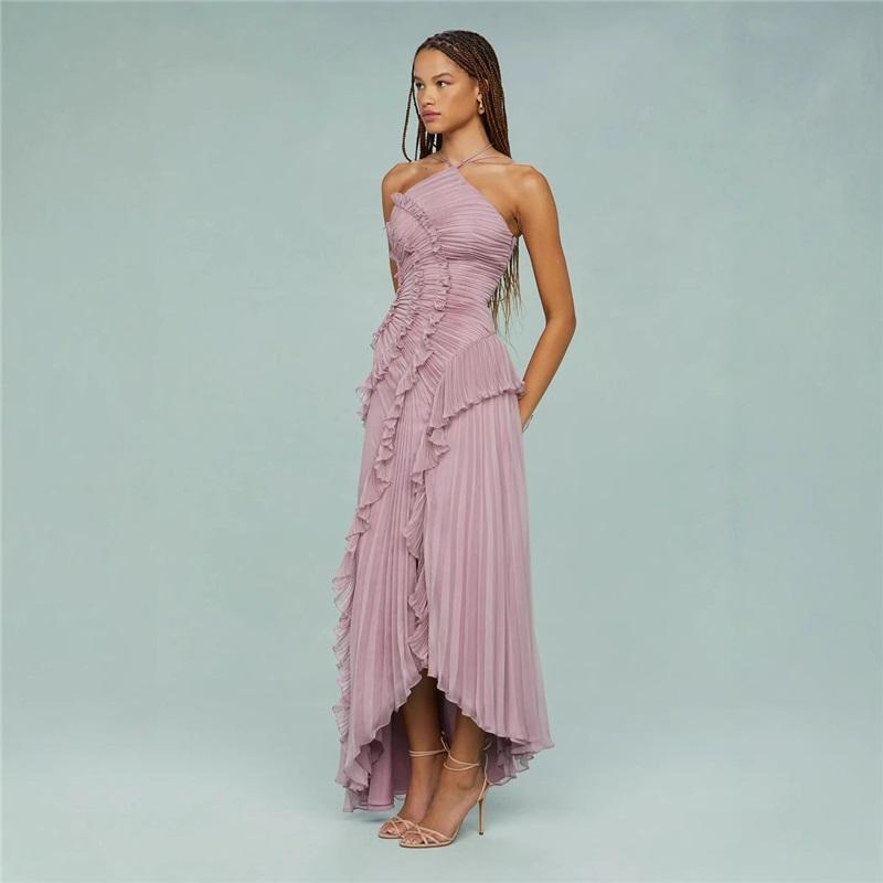

Women s Summer High End Chiffon Dress Ruffled Pleated Design Thin Mid Length Skirt L рожевий