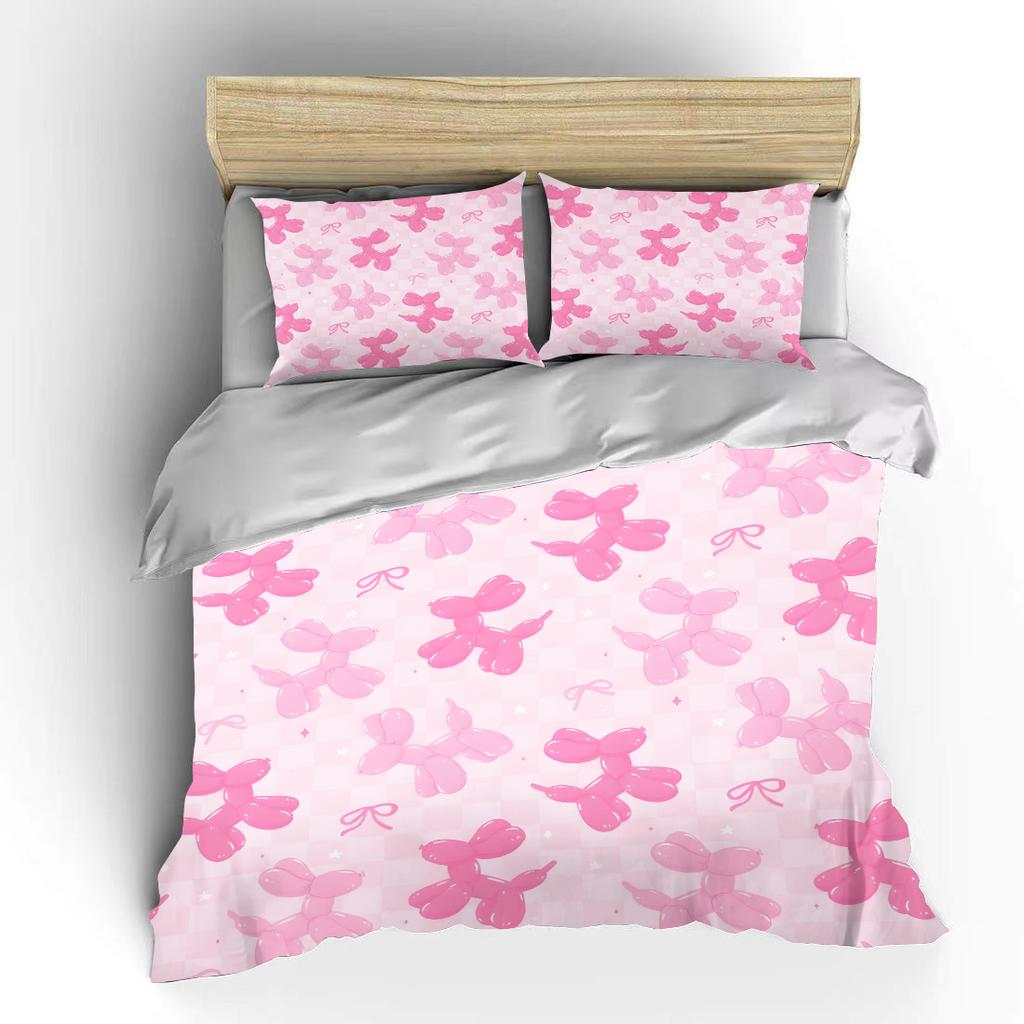 Pink Balloon Dog Pattern Background Print Bedding Set 1 Duvet Cover 2 Pillowcases For Adult And Children Luxury Gift Full Size
