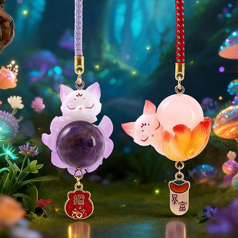 Chinese Cute Style Nine-Tailed Fox Resin Crystal Pendant Good Luck Car Decor Keychain Ornament For Kids Adults Children's Birthday Gift Holiday