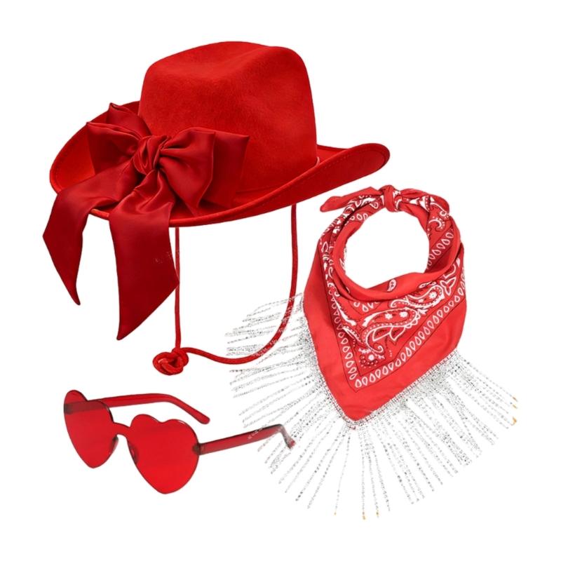 3Pcs Fashionable Cowboy Hats Bundle Includes Bandana And Shades Perfect For Themed Event And Daily Wear