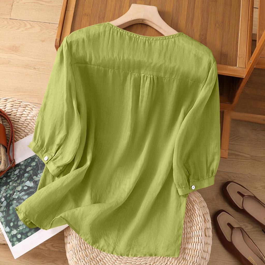 Women's Solid Color Cotton And Linen Short-sleeved Embroidered Retro Breathable T-shirt Round Neck Top