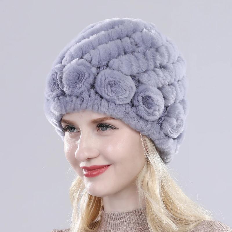 Hot Sell Women Winter Knitted Real Rex Rabbit Fur Hat Fluffy Natural Rex Rabbit Fur Cap Lady Good Elastic Genuine Fur Hats