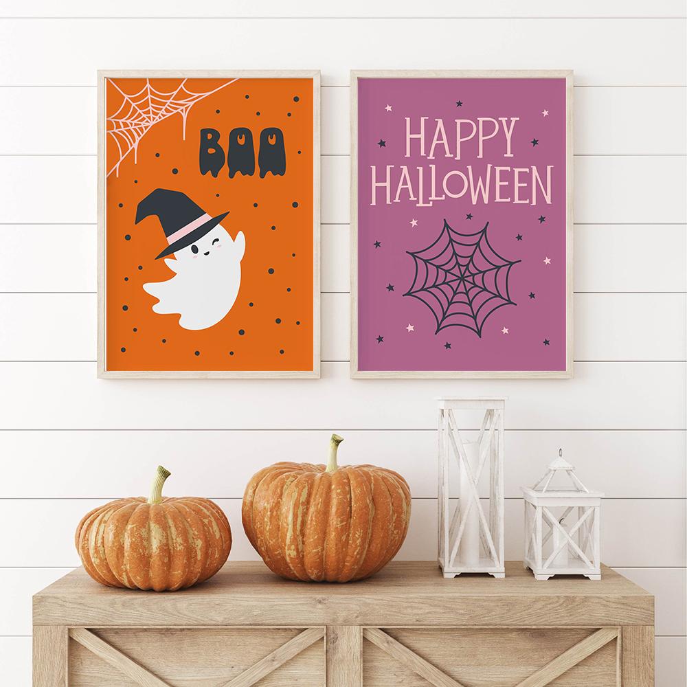 Halloween Poster Print Boho Sign Decor Art Ghost Pumpkin Wall Canvas Painting Kid Room Home Black Cat Bat Spider Web Picture