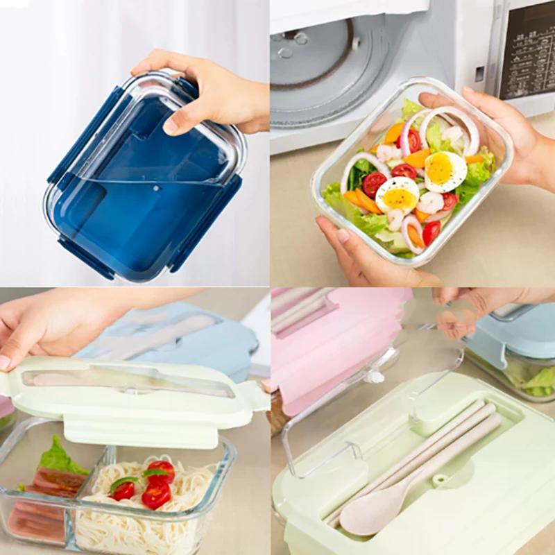 3/2/1-Fach Hitzebeständige Glas Lunchbox mit Besteck Auslaufsicher Büro Luftdichte Lunchbox Bento Box Mikrowellengeeignet