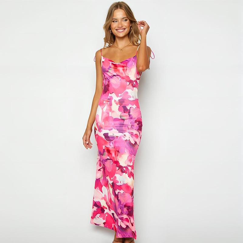 Women's Summer Print Sexy Backless Fanny Pack with Hip Halter Dress