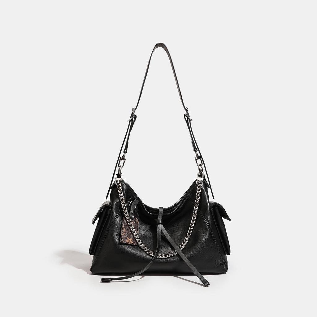 Head Layer Cowhide Leather Mailman Tote Bag, Large Capacity Chain Commuting Bag, Black Warrior High-end Single Shoulder Crossbody Bag
