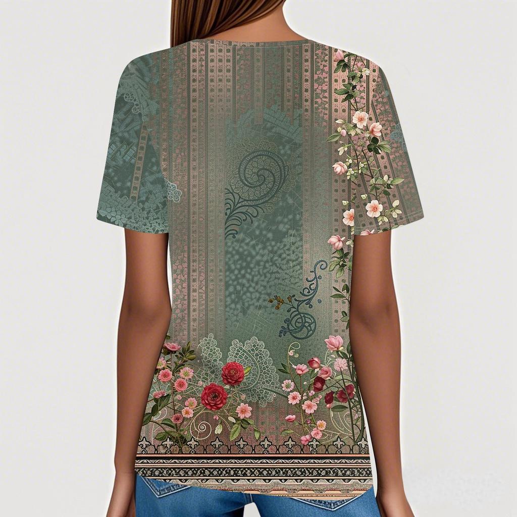 Women's T Shirt Tee Print Button Short Sleeve Tunic Daily Weekend Fashion Basic V- Neck Regular Top