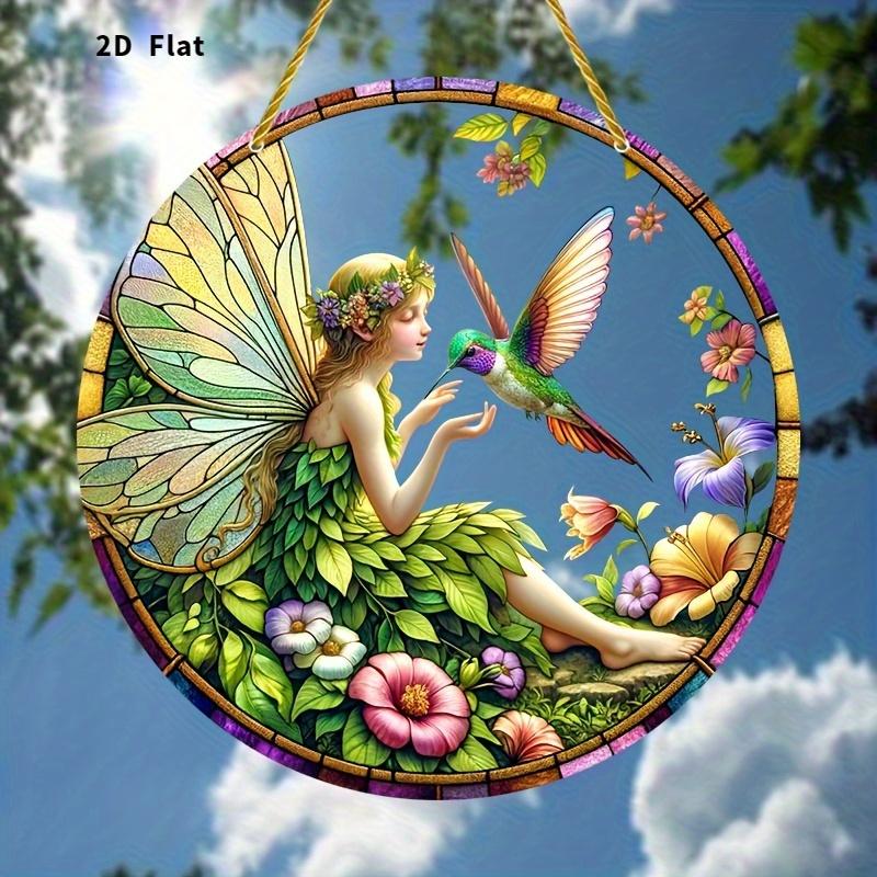 2D Flat Stained Glass-Style Acrylic Fairy & Hummingbird Decoration Sign, Floral Design, Suitable for wall Decoration, porch, Room, Villa, accents Home