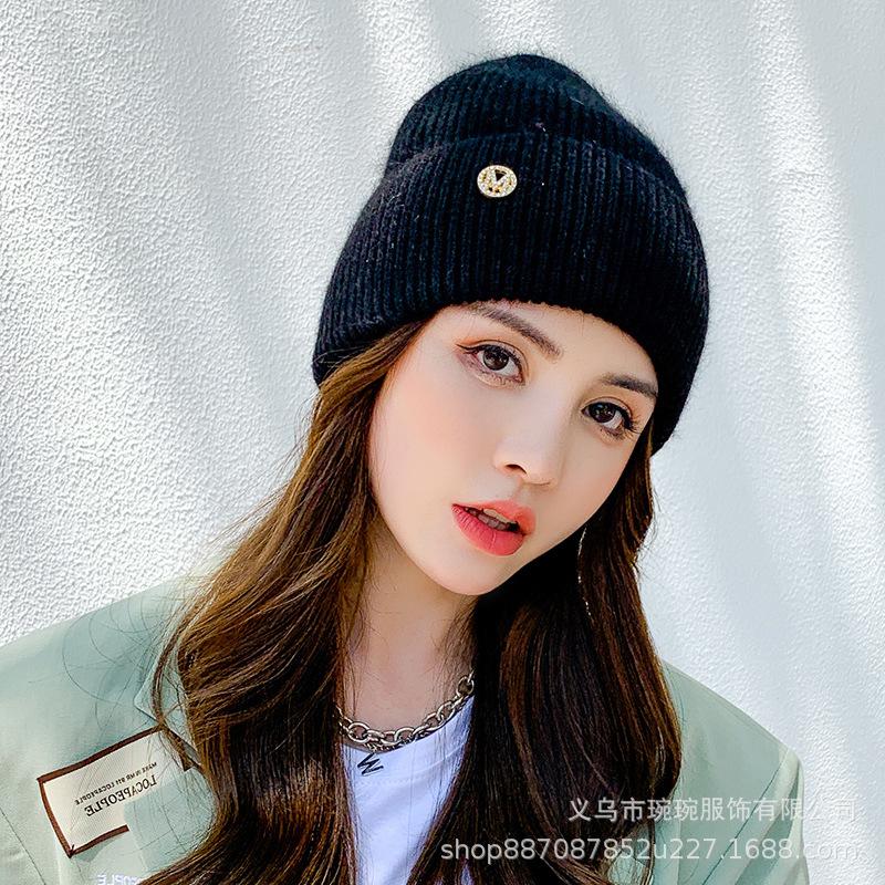 Fashion rabbit fur wool hat women's fashion rhinestone letter versatile ear protector knitted hat big head circumference shows small face