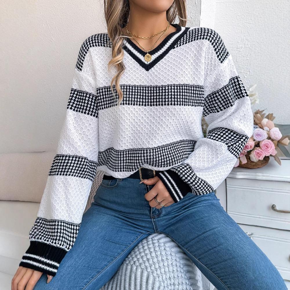

Women s V-neck colour-blocked striped bell-sleeved pullover jumper S