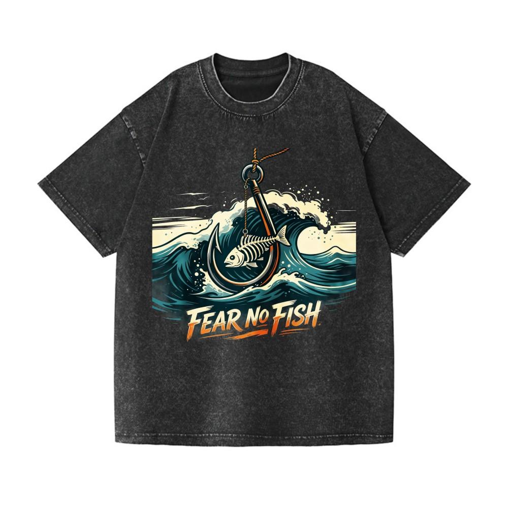 Vintage Fear No Fish Anchor Skeleton Fish Ocean Wave Washed Graphic Unisex T-shirt