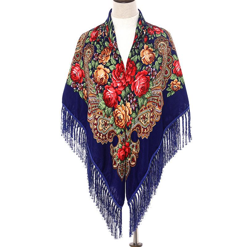 135*135cm Women Russian Style Big Square Scarf Shawl Retro Fringed Cotton Print Scarves Hijab Wraps Ethnic Shawls Bandana