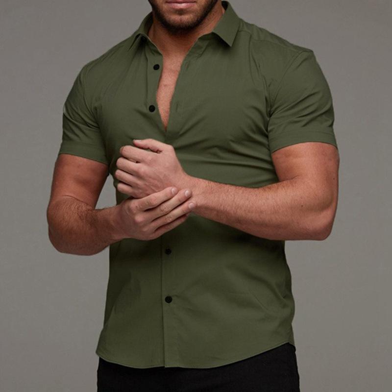 

Fitness Short Sleeve Lapel Shirt Stretch Thin Solid Color Sports Casual Cardigan XXXL армія зелений колір
