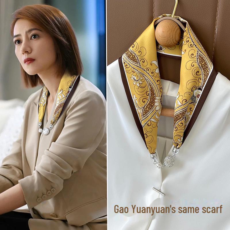 Women's Magnetic Buckle Silk Scarf - Fashionable Neck Protection for Spring, Summer, and Autumn