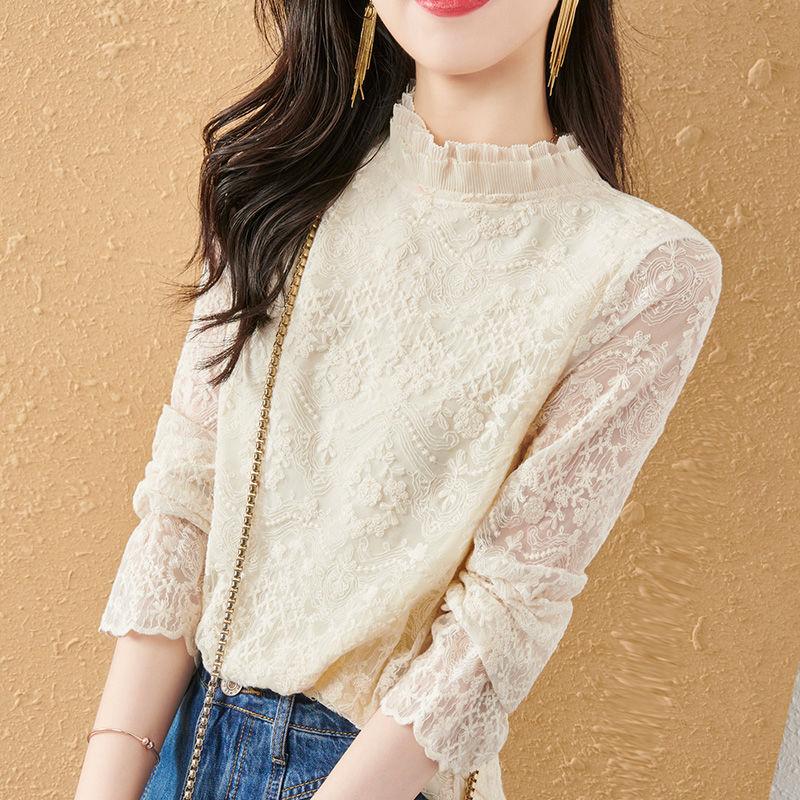 

Высококачественная кружевная базовая рубашка для женщин на весну и осень. Универсальный тонкий топ на осень. L абрикосовый