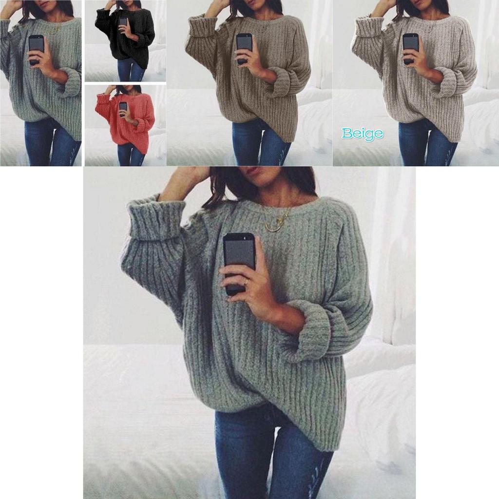 Accogliente Maglione Pullover Autunnale e Invernale a Manica Lunga con Scollo Rotondo in tinta unita