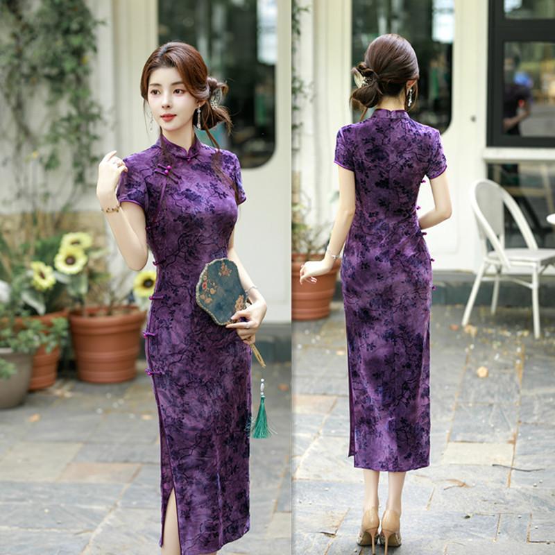 Old Shanghai Retro National Style Long Flocked Short-sleeved Cheongsam Summer New Improved Chinese Purple Cheongsam Skirt