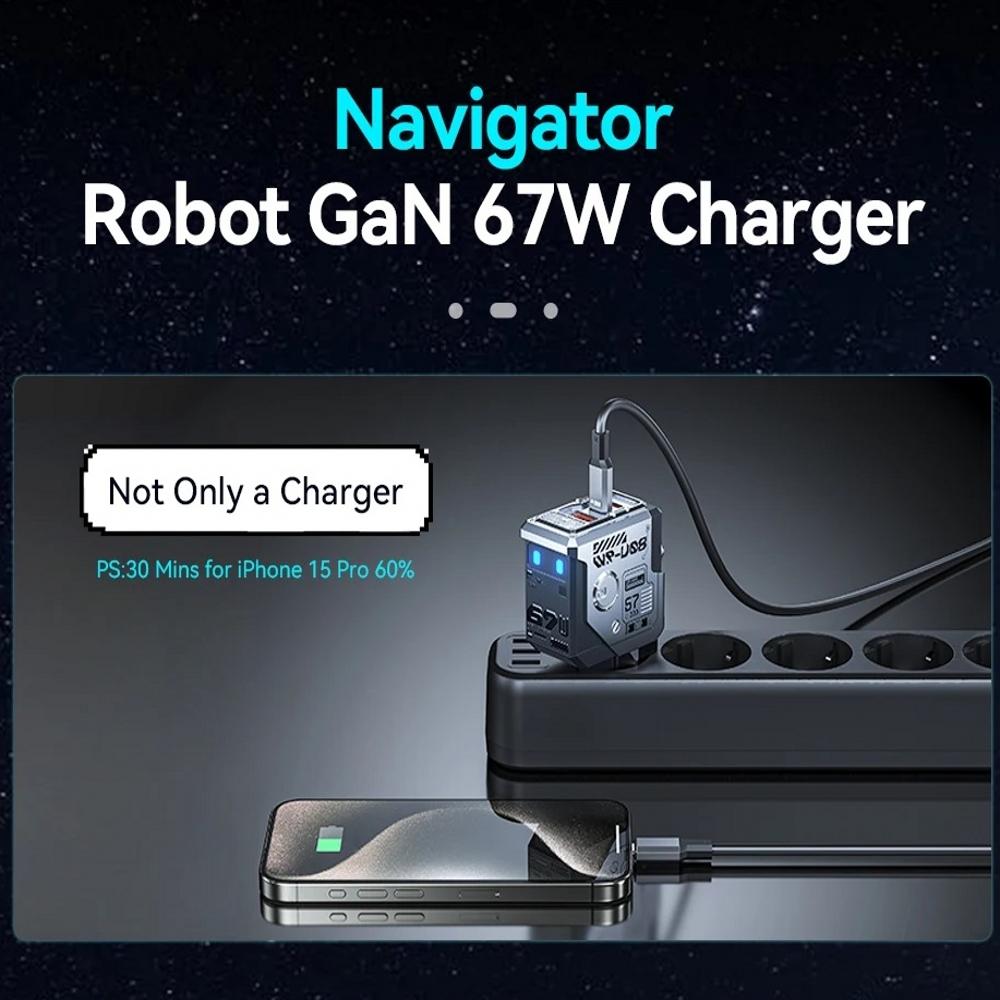 67W GaN Charger Mecha Robot Three Port QC PD Fast Charging Block Power Adapter for iPhone Laptop MacBook Samsung Galaxy Google