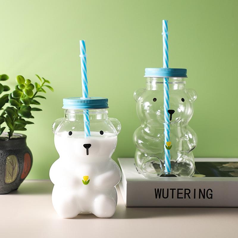 500ml Portable Cartoon Bear Transparent Bottles Cute Takeout Drink Containers For Bubble Tea Juice Party Supplies