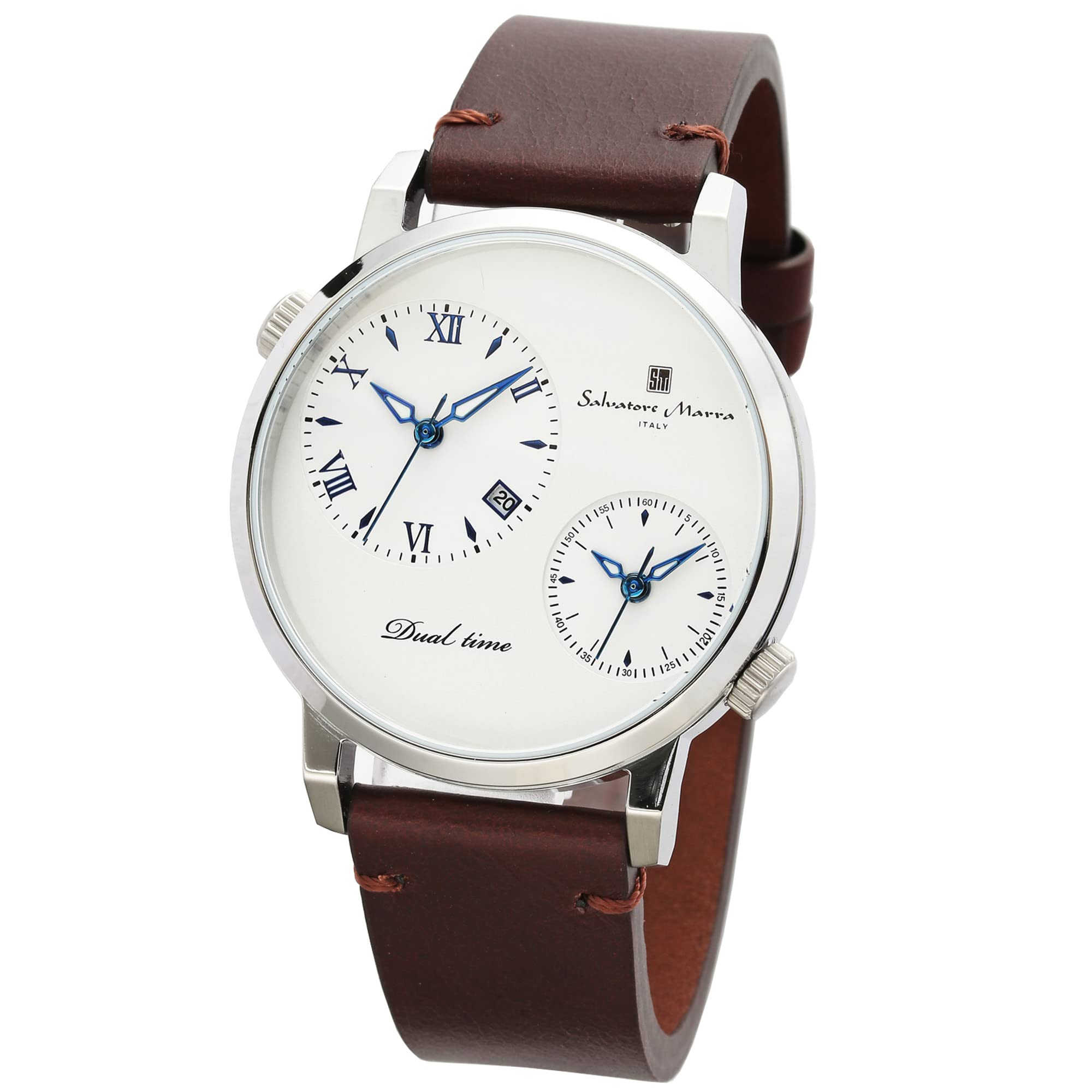 

Salvatore Marra Men s and Women s Watch, Stainless Steel, White and Silver, Analog Quartz Movement, Dual Time, Business, Casual, Leather Strap, SSWH