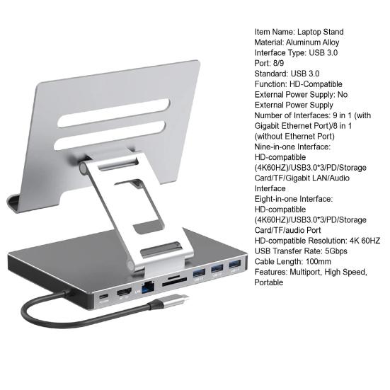 Laptop Stand Docking Station Multiport USB 3.0 TF Card Slot 4K 60HZ HDMI-compatible PD Charging Gigabit Ethernet Aluminum Alloy Type-C Hub Adapter